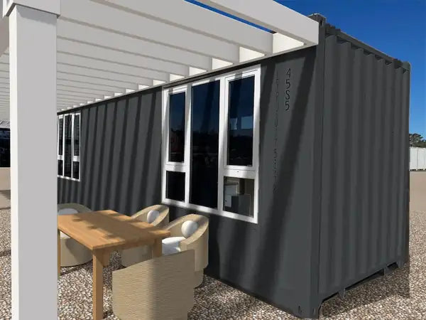 Concept: side view of 40ft accommodation module with pergola