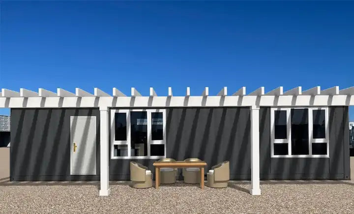 Concept: 40ft accommodation module fitted out as a granny flat with pergola and outdoor dining