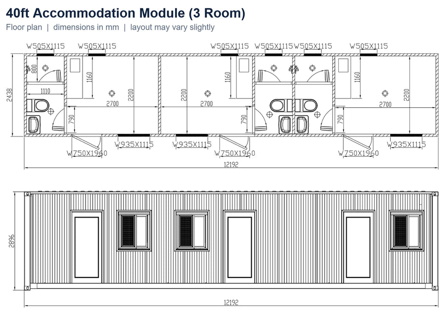 40ft 3 Room floor plan